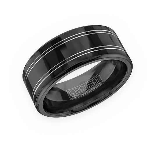 Torque black cobalt men's band with double white pinstripe grooves