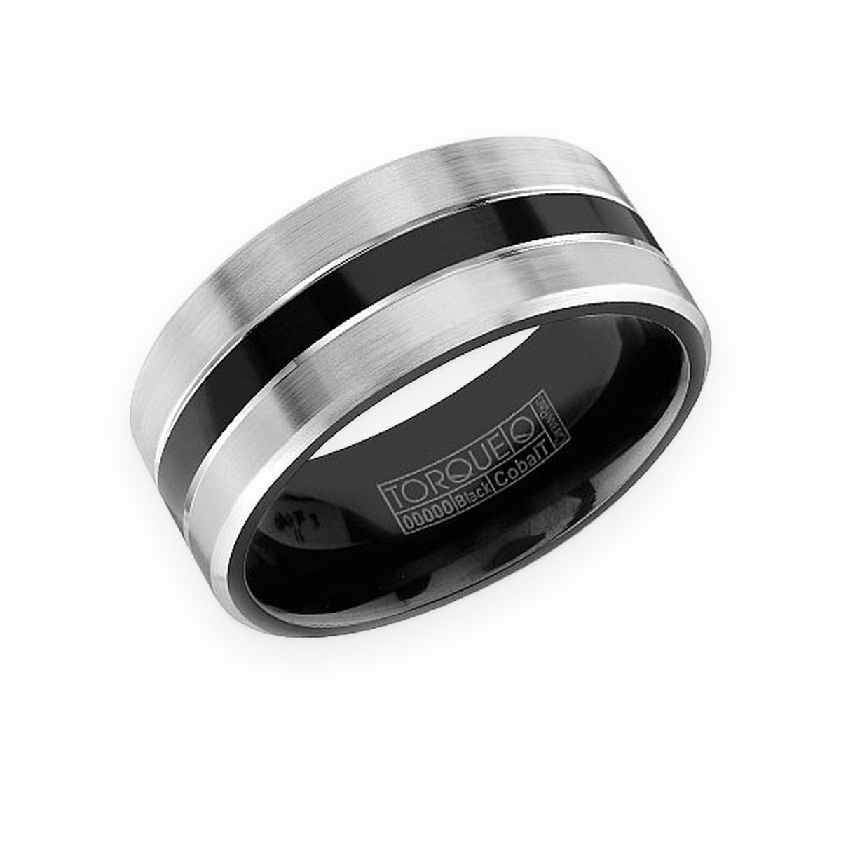 Torque two-tone men's band with black center stripe and brushed white edges