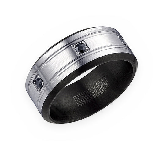 Torque two-tone men's band with black diamond accents and grooved white center