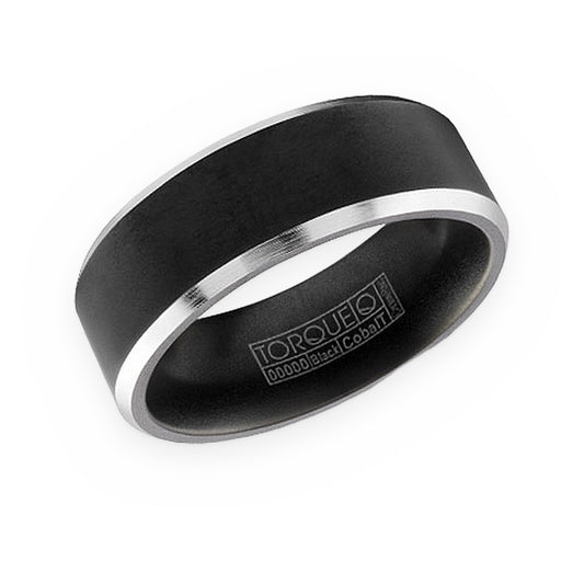 Torque two-tone men's band with black center and thin white beveled edges
