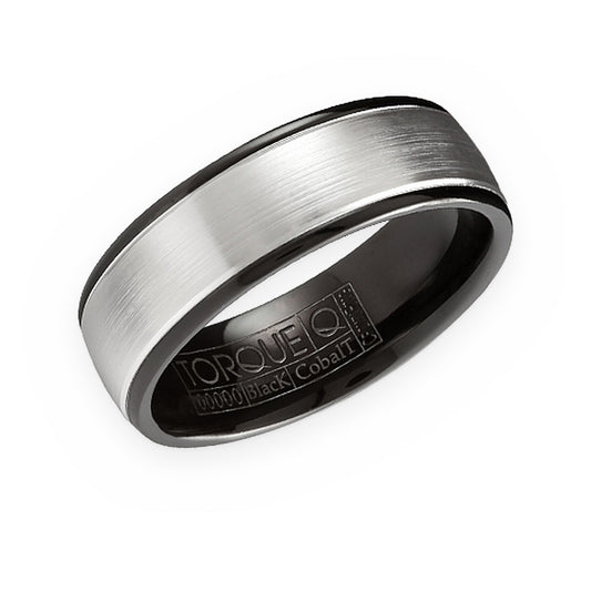 Torque two-tone men's band with brushed white center and black cobalt edges