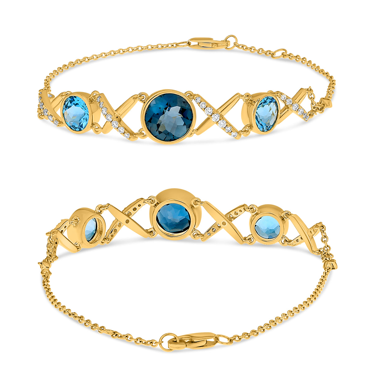 14K Yellow Gold Round Blue Topaz Bracelet