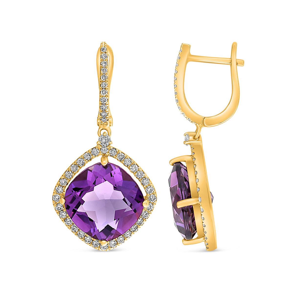 14K Yellow Gold Cushion Amethyst Halo Earrings