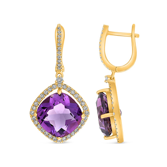 14K Yellow Gold Cushion Amethyst Halo Earrings