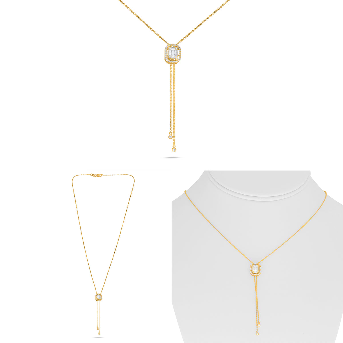 14K Yellow Gold Baguette Diamond Halo Necklace