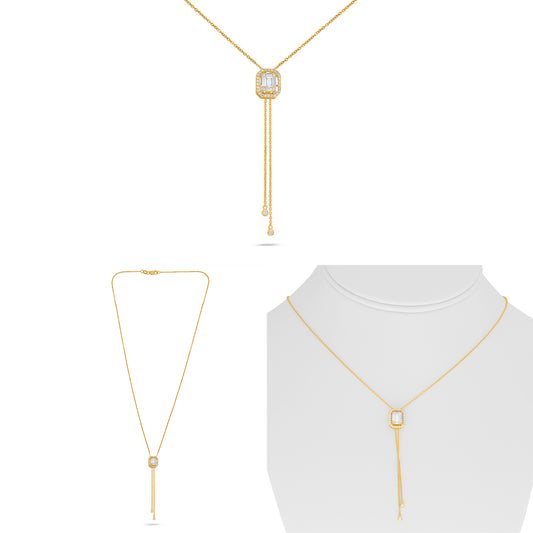 14K Yellow Gold Baguette Diamond Halo Necklace