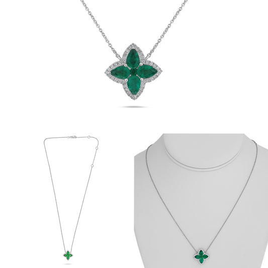 14K White Gold Pear Emerald Cluster Necklace