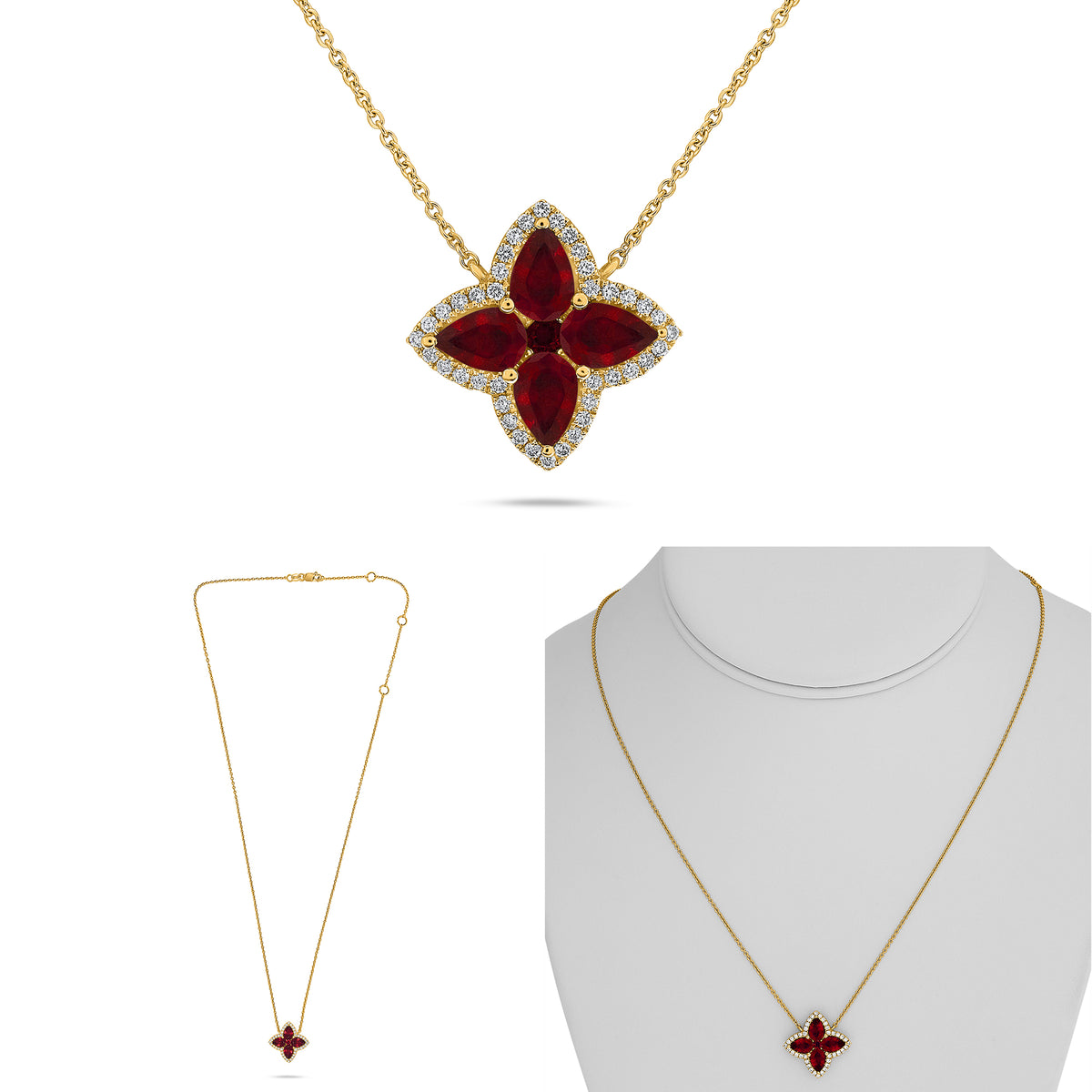 14K Yellow Gold Pear Ruby Cluster Necklace