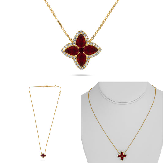 14K Yellow Gold Pear Ruby Cluster Necklace