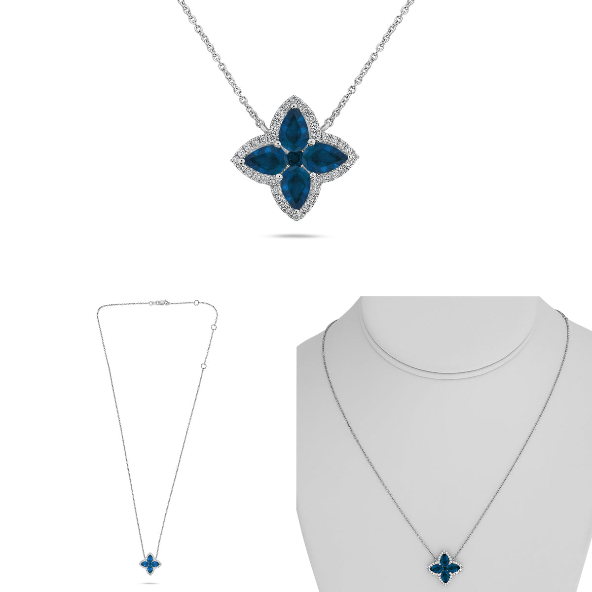 14K White Gold Pear Sapphire Cluster Necklace