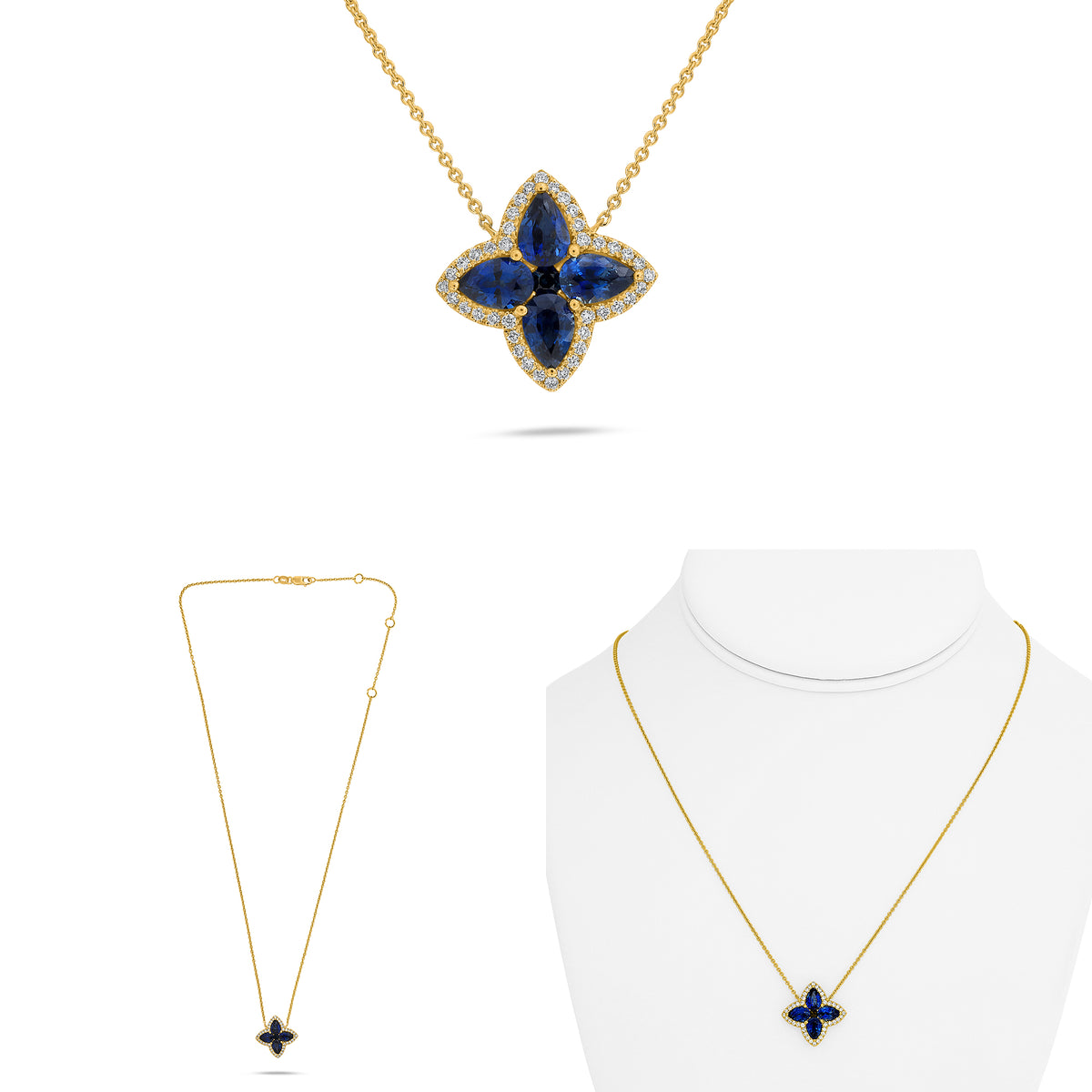 14K Yellow Gold Pear Sapphire Cluster Necklace