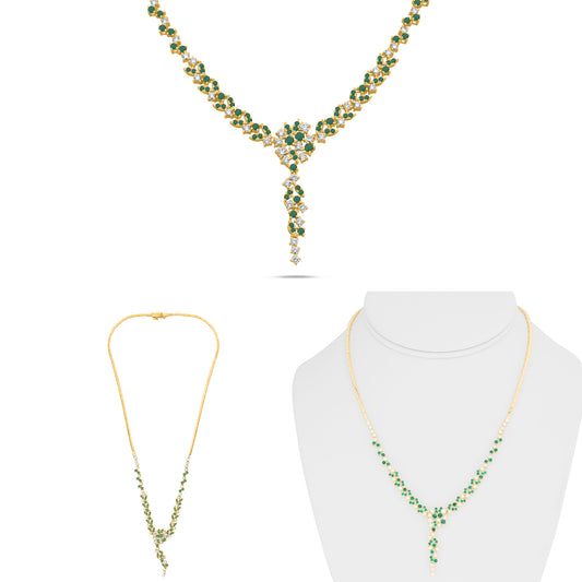 14K Yellow Gold Round Emerald Cluster Necklace