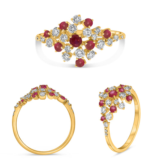 14K Yellow Gold Round Ruby Cluster Ring