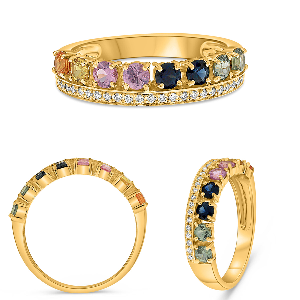 14K Yellow Gold Round Multi-Color Sapphire Ring