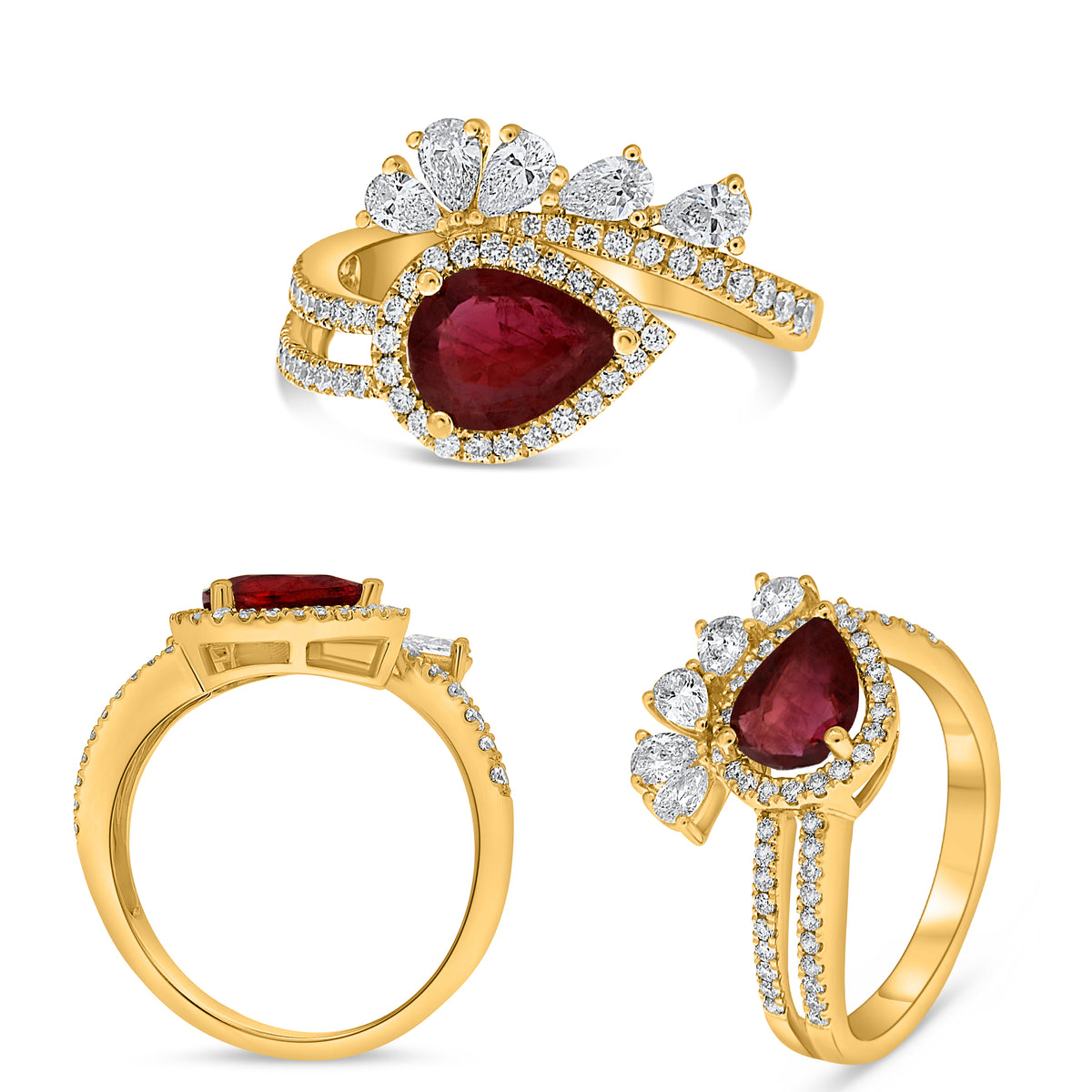 14K Yellow Gold Pear Ruby Halo Ring