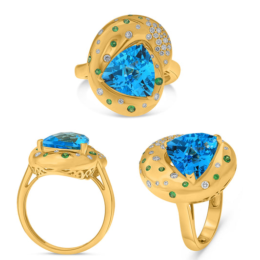 14K Yellow Gold Trillion Blue Topaz Ring
