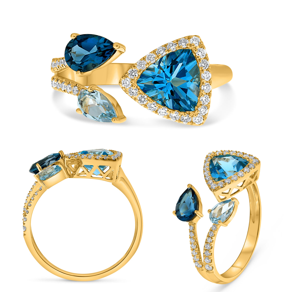 14K Yellow Gold Trillion Blue Topaz Halo Ring