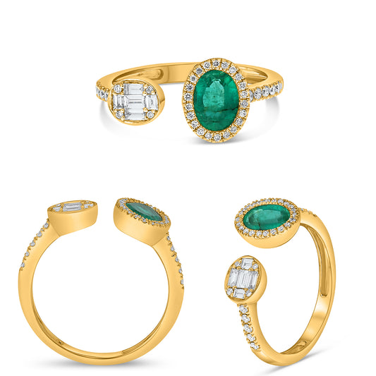 14K Yellow Gold Oval Emerald Halo Ring