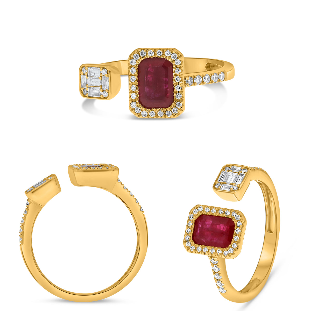 14K Yellow Gold Emerald Cut Ruby Halo Ring