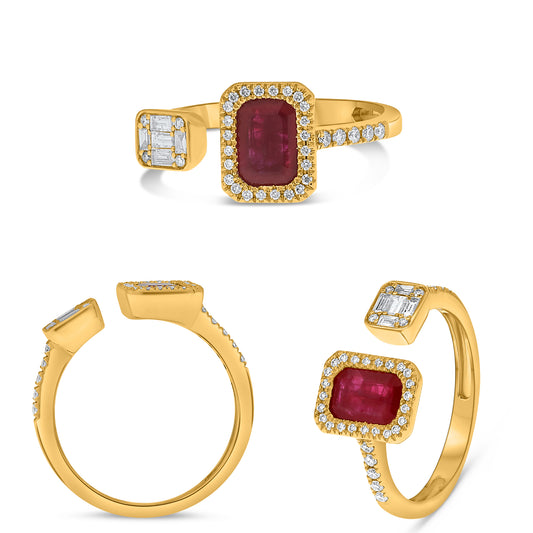 14K Yellow Gold Emerald Cut Ruby Halo Ring