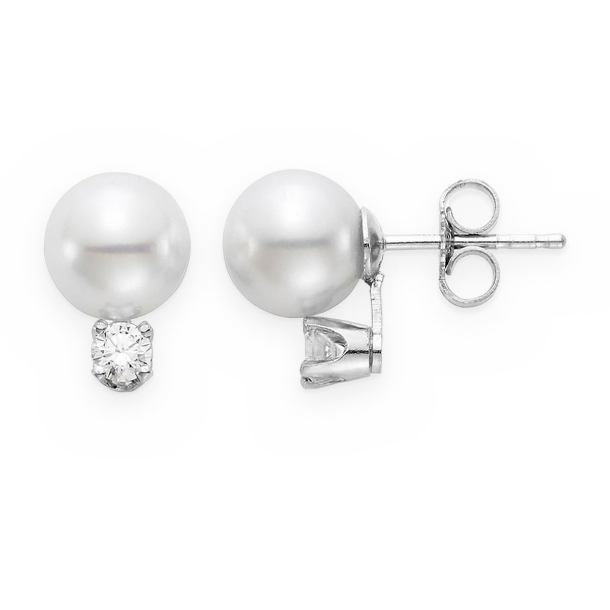Pair of white gold pearl stud earrings with round diamond accents