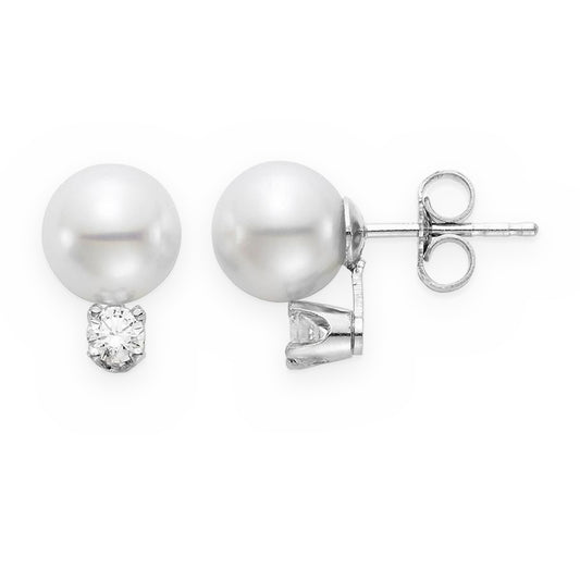 Pair of white gold pearl stud earrings with round diamond accents