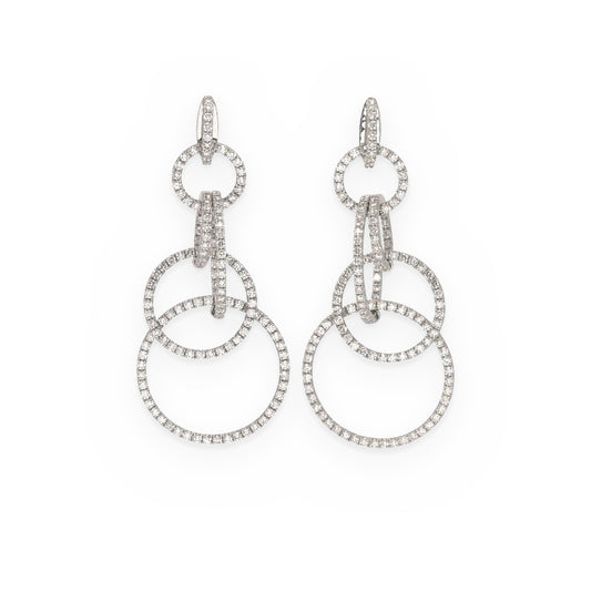 Pair of white gold triple interlocking diamond circle drop earrings
