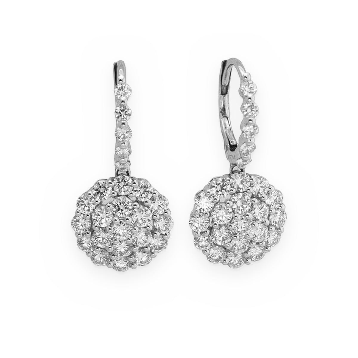 Pair of white gold diamond cluster flower drop earrings on lever backs