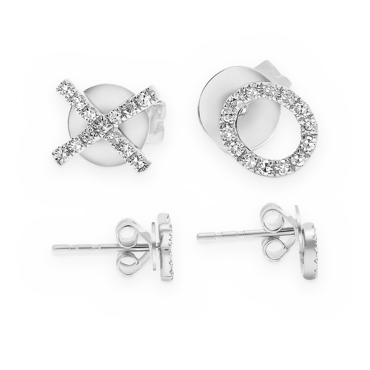 White gold diamond X and circle mismatched stud earrings, front and back views