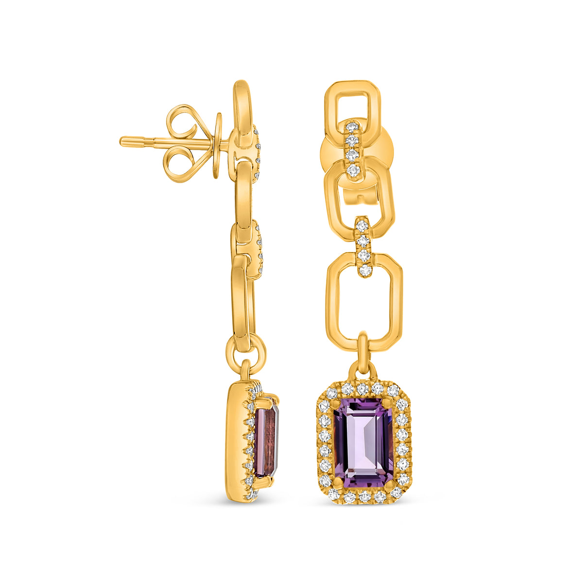 14K Yellow Gold Emerald Cut Amethyst Halo Earrings