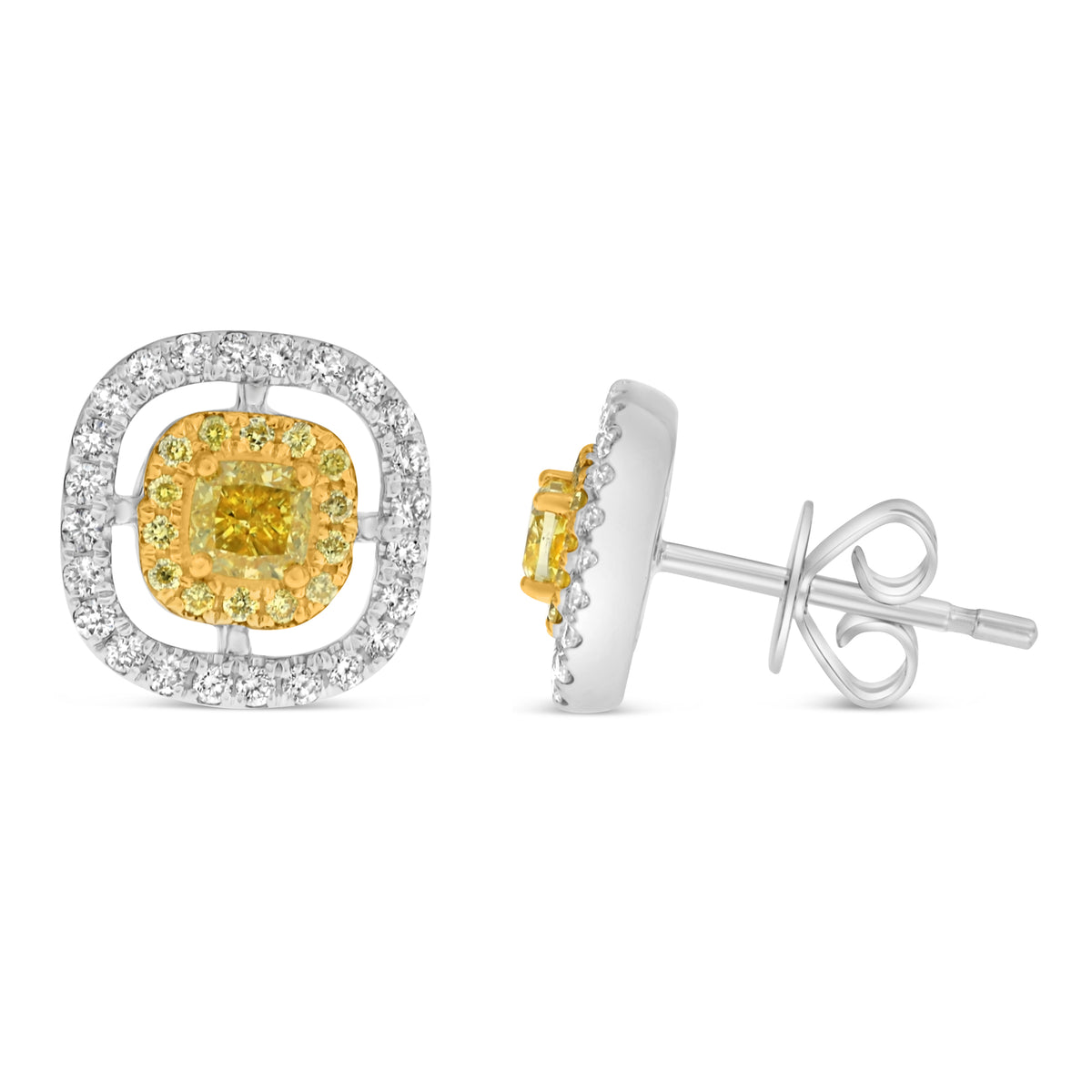 18K White & Yellow Gold Cushion Fancy Yellow Diamond Double Earrings