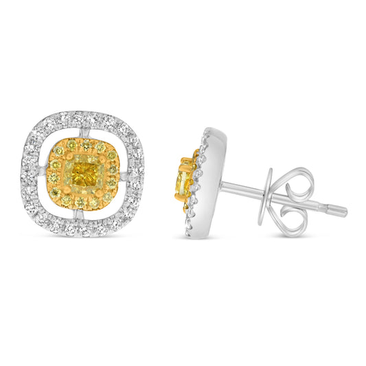 18K White & Yellow Gold Cushion Fancy Yellow Diamond Double Earrings