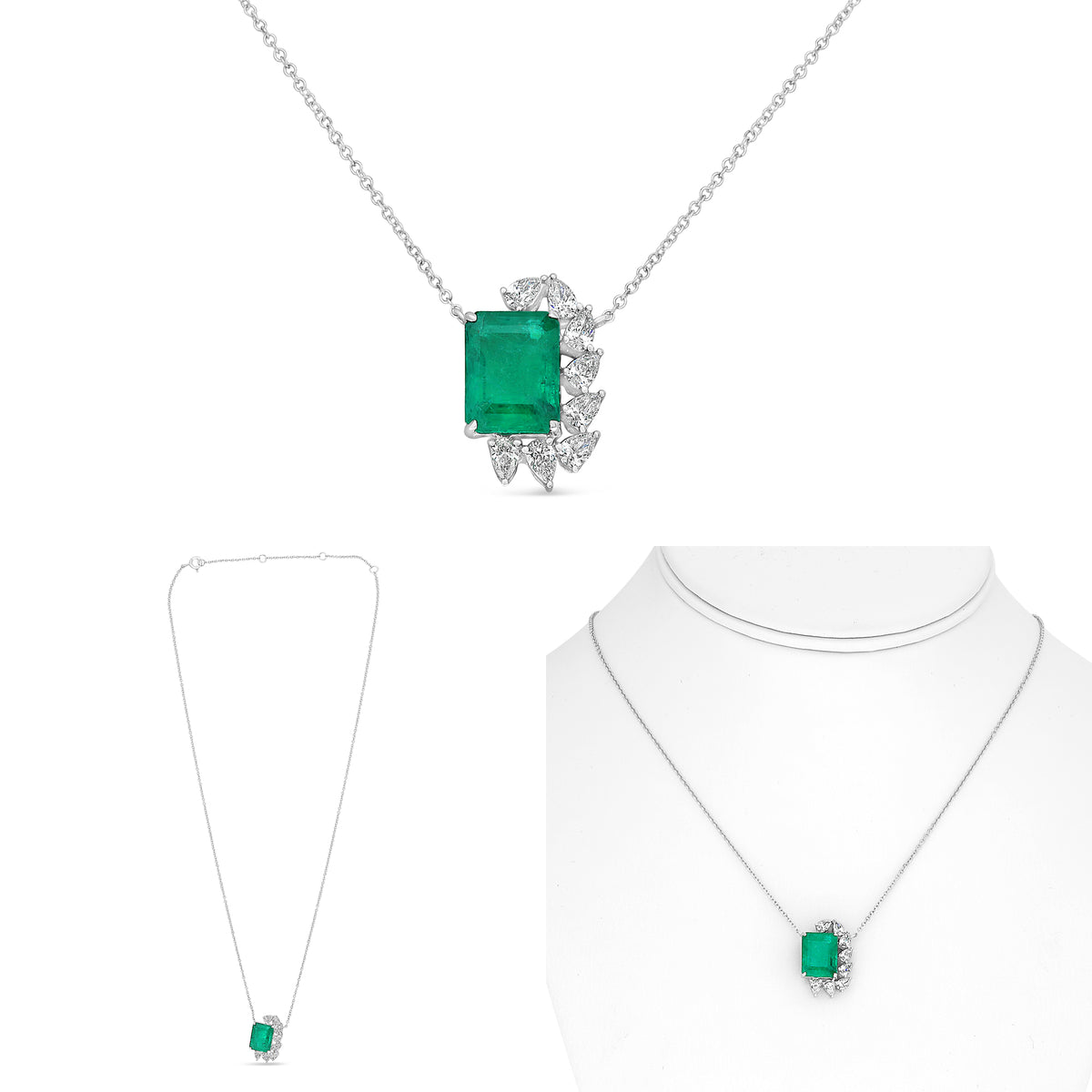 18K White Gold Emerald Cut Emerald Necklace