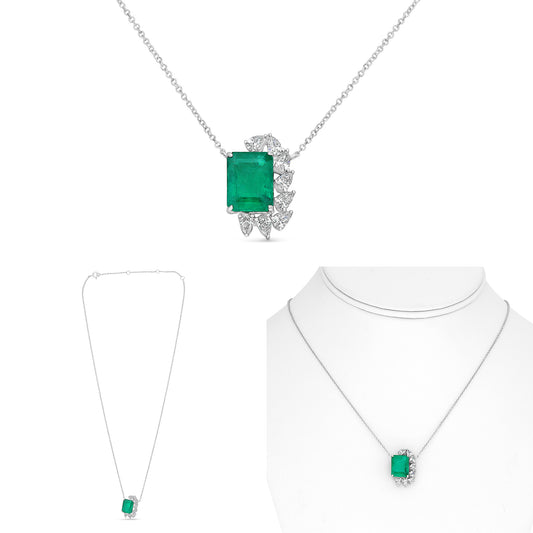 18K White Gold Emerald Cut Emerald Necklace