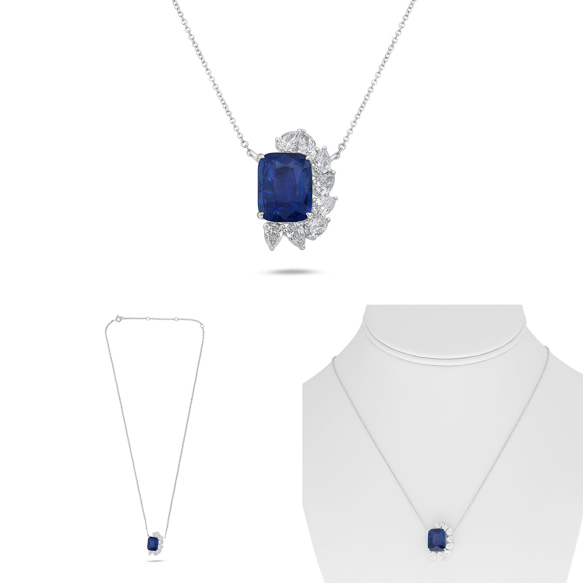 18K White Gold Cushion Sapphire Necklace
