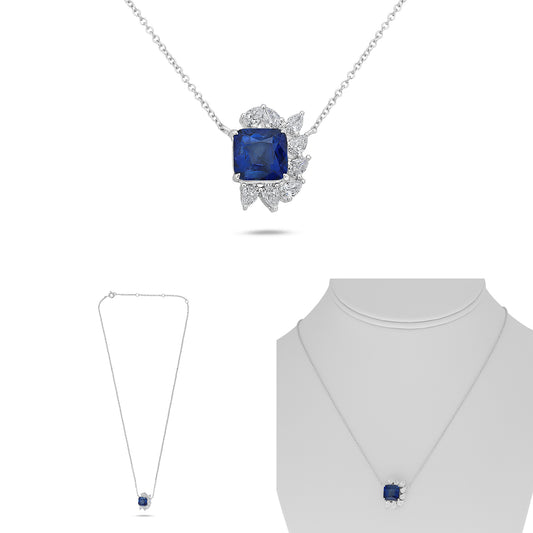 18K White Gold Cushion Sapphire Necklace