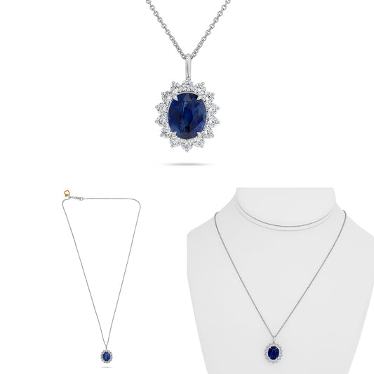 14K White Gold Oval Sapphire Halo Necklace