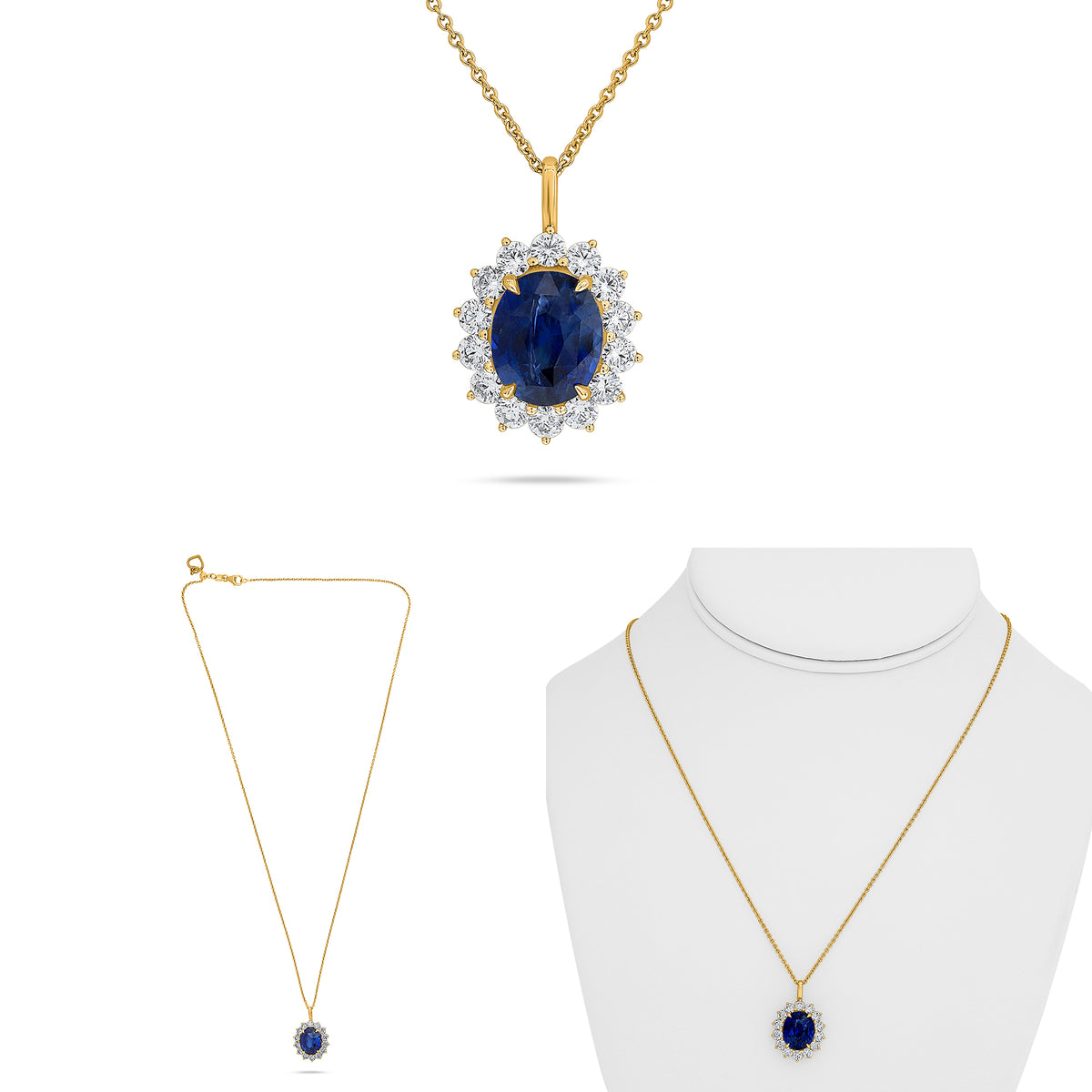 14K Yellow Gold Oval Sapphire Halo Necklace