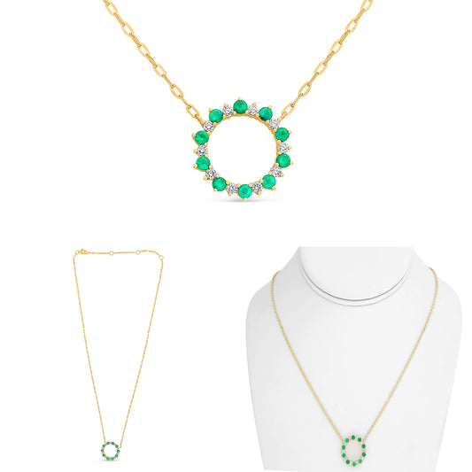 14K Yellow Gold Round Emerald Necklace