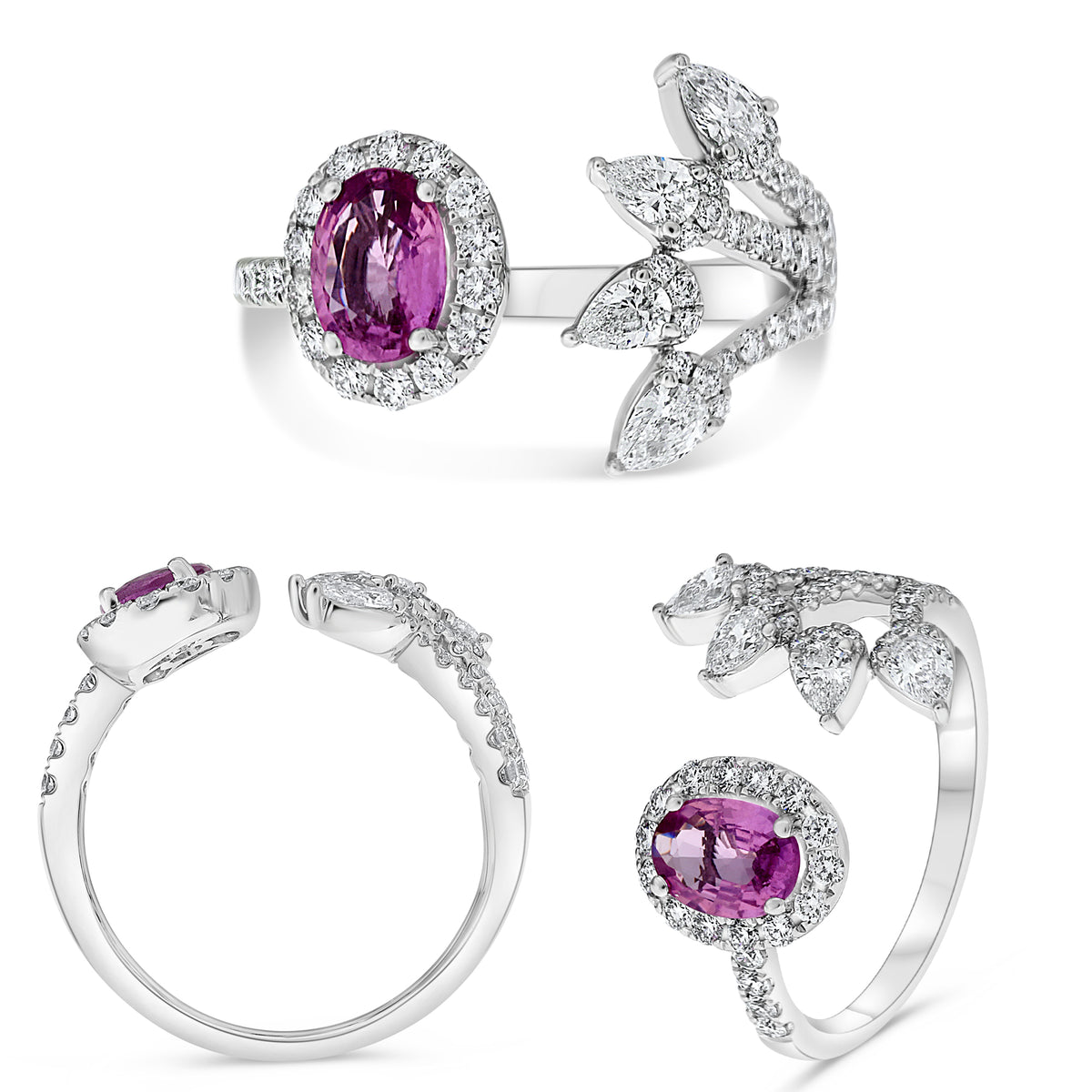 14K White Gold Oval Pink Sapphire Halo Ring