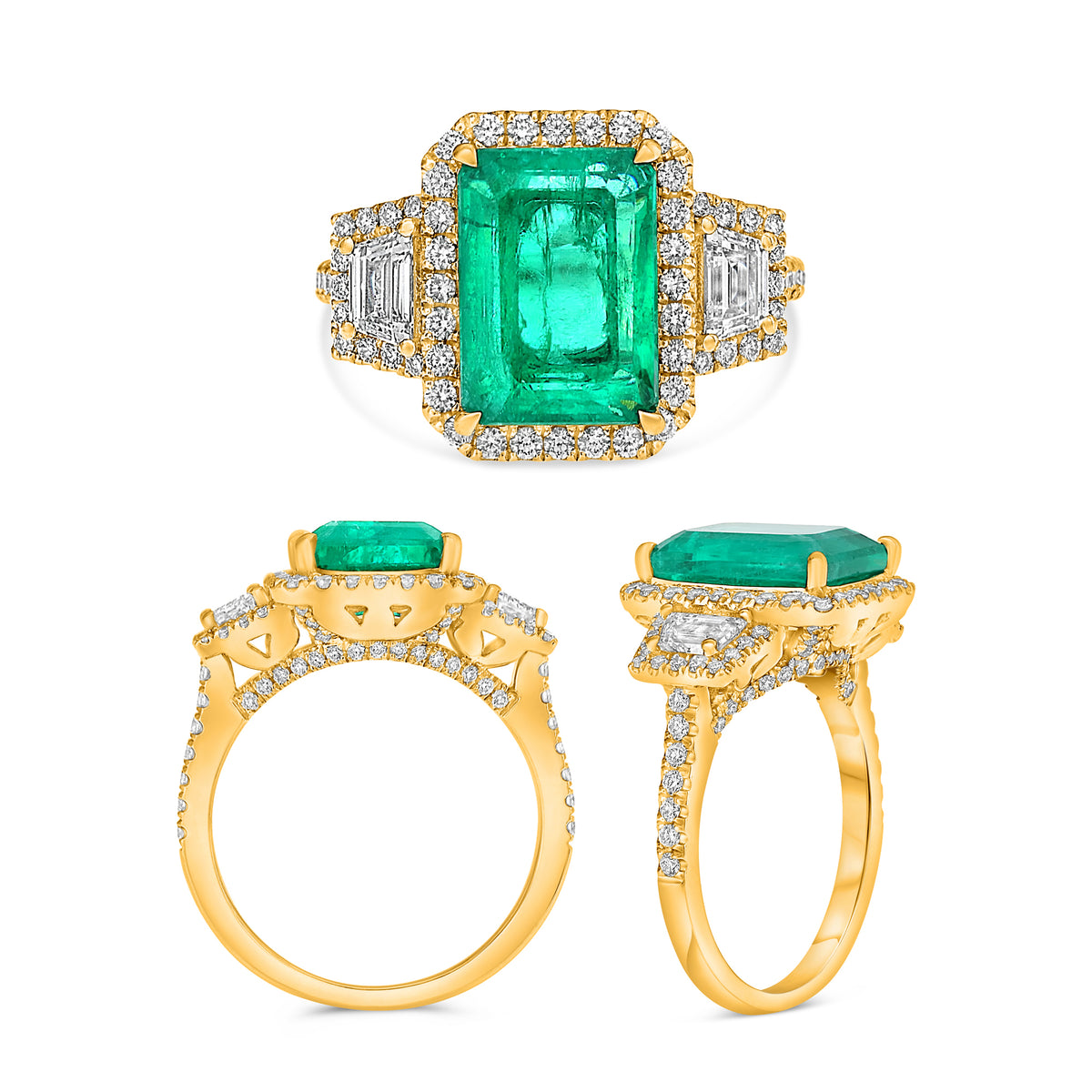 18K Yellow Gold Emerald Cut Emerald Halo Ring