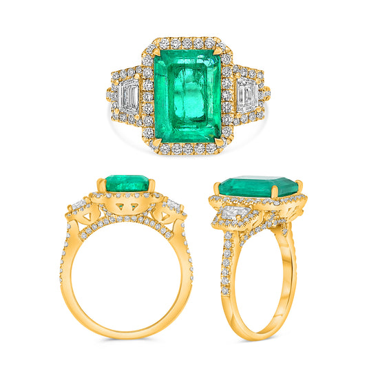 18K Yellow Gold Emerald Cut Emerald Halo Ring
