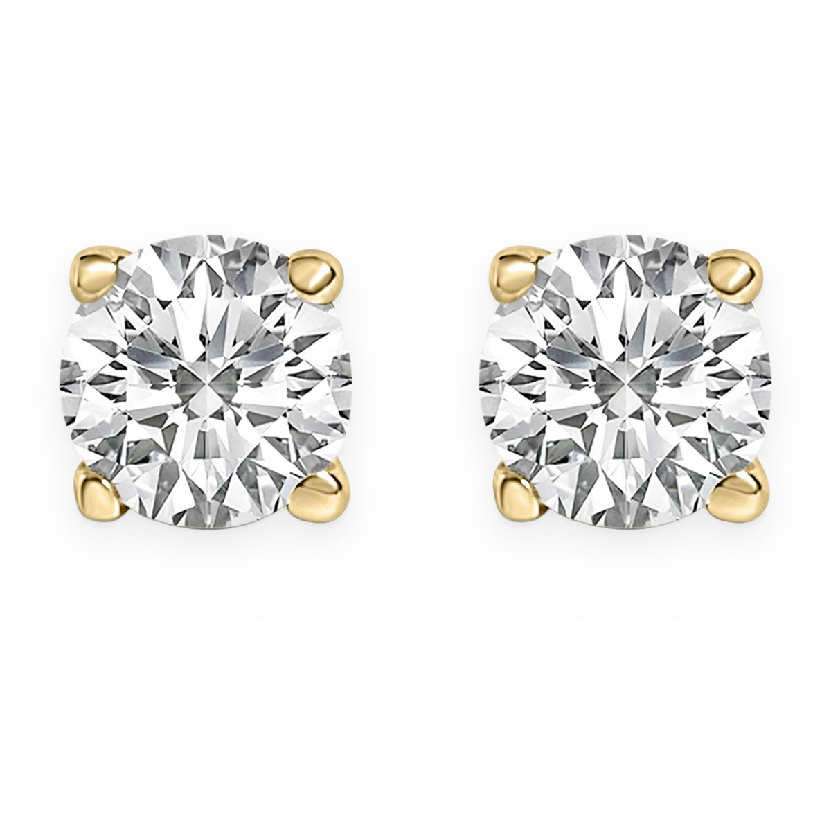 Pair of yellow gold four-prong round diamond solitaire stud earrings
