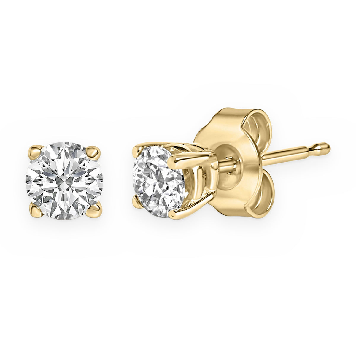 Yellow gold round diamond solitaire stud earrings, front and side view