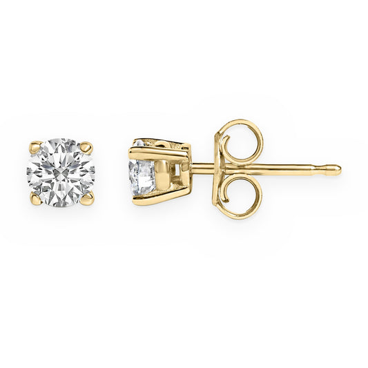 Yellow gold round diamond stud earrings with butterfly backs, front and side view