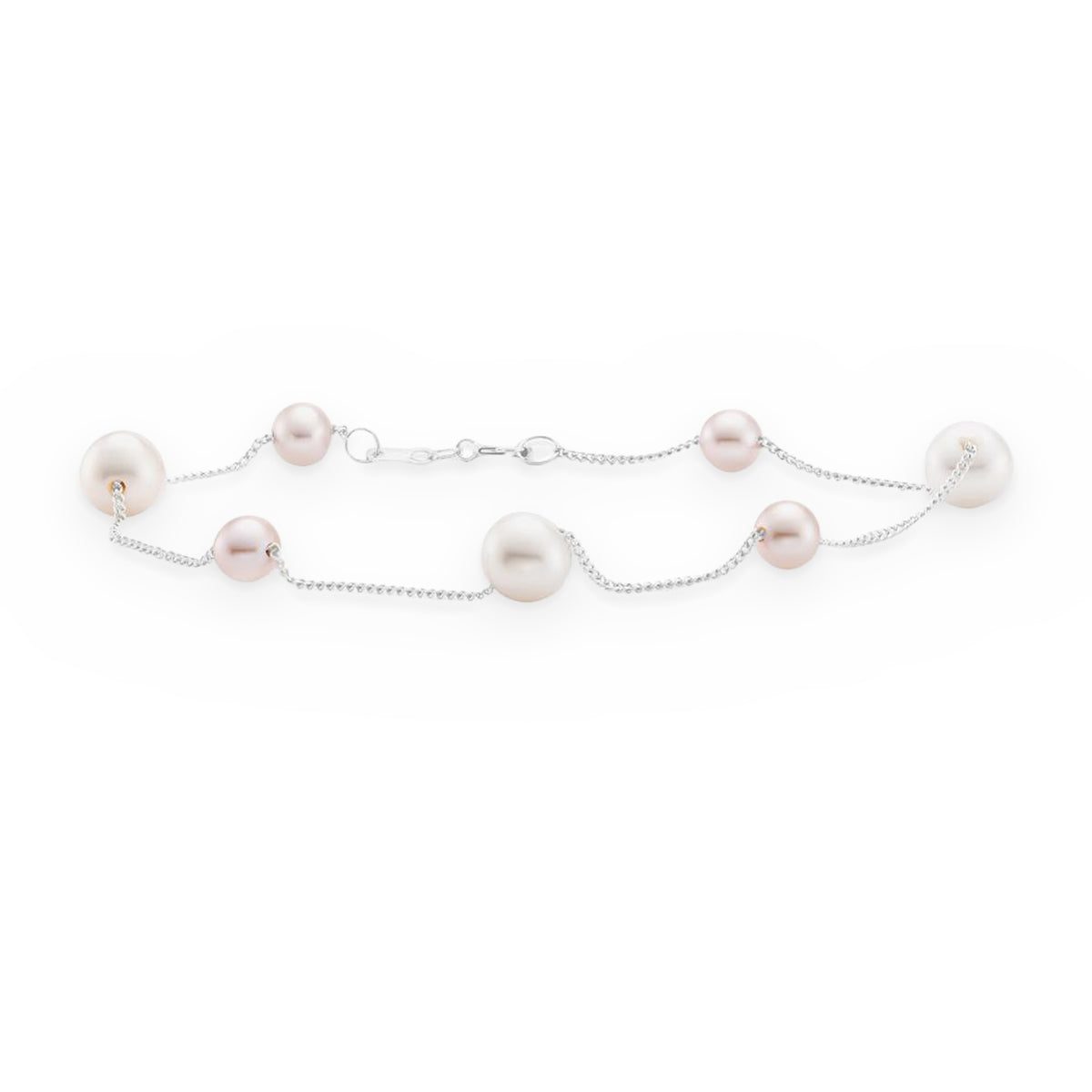 White gold pearl station bracelet with white and pink freshwater pearls