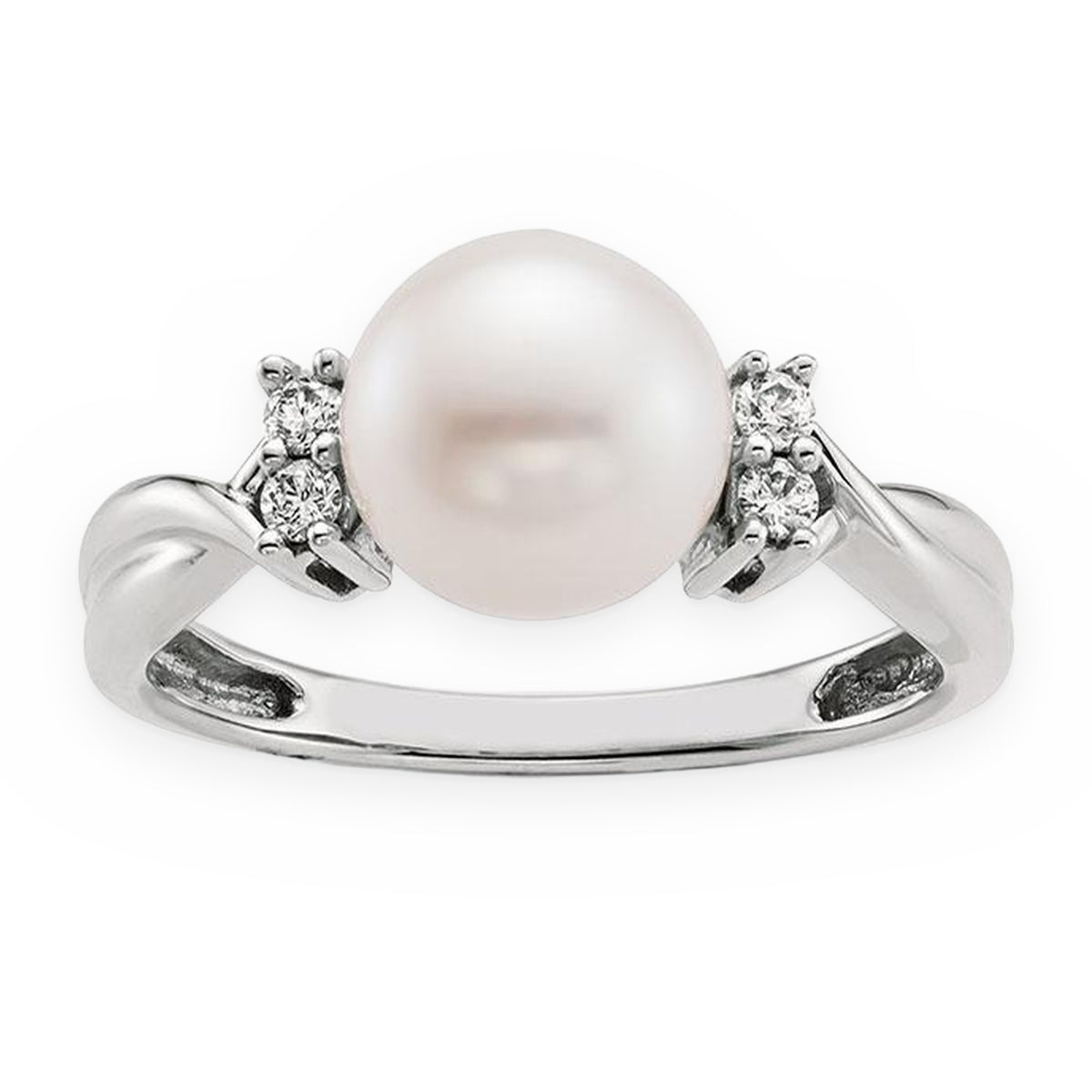 White gold freshwater pearl ring with diamond cluster accents