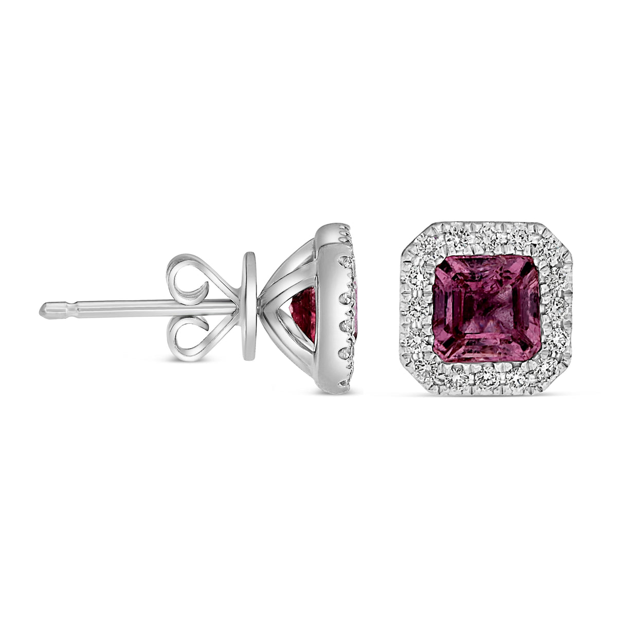 14K White Gold Emerald Cut Pink Sapphire Halo Earrings