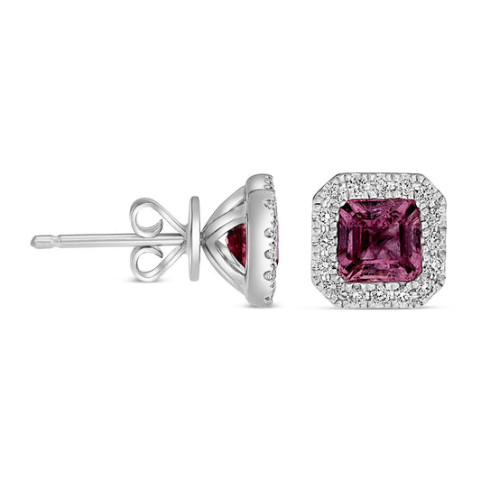 14K White Gold Emerald Cut Pink Sapphire Halo Earrings