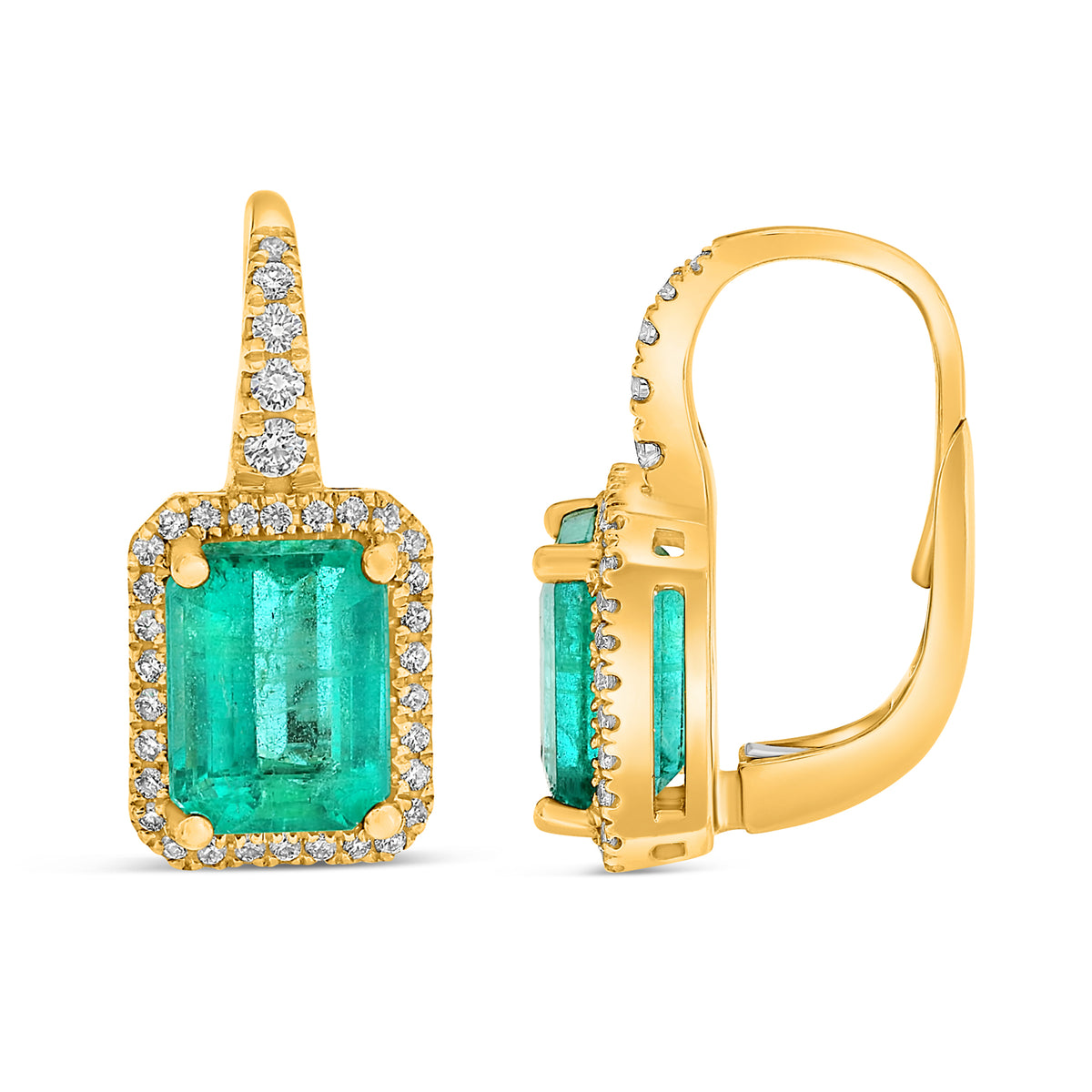 14K Yellow Gold Emerald Cut Emerald Halo Earrings
